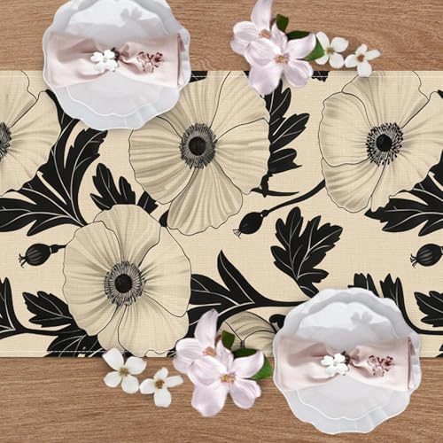Vintage Black White Poppy Flower Table Runner - 13x72 Inches