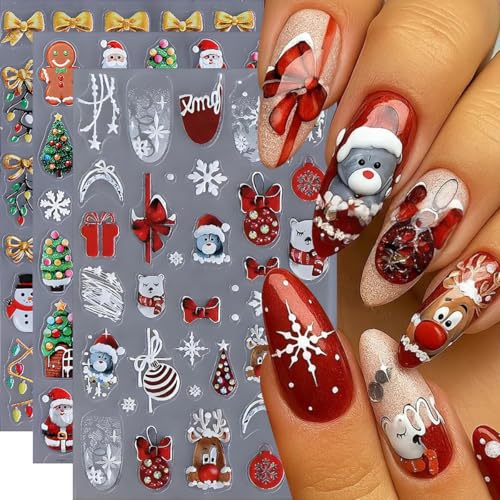 Christmas 3D Embossed Nail Art Stickers Winter Holiday Decals - 3Pcs