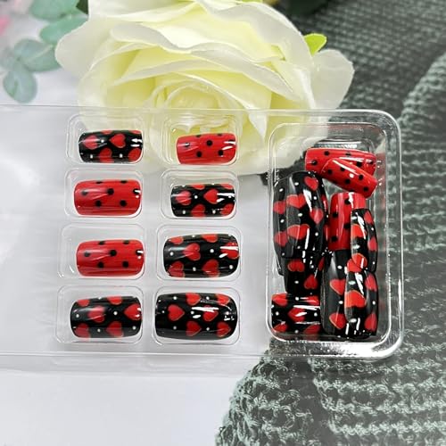Valentine's Day Press On Nails Medium Square Red Heart Fake Nails 24 Pcs