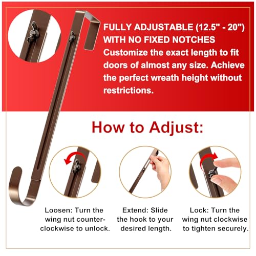 2-Pack Adjustable Wreath Hangers for Front Door - Heavy Duty Metal Hooks