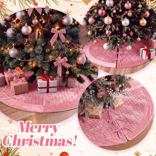 Pink Velvet Christmas Tree Skirt 48 Inch Quilted Holiday Decor