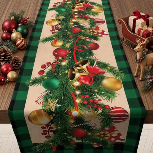 Christmas Ornament Bells Table Runner - Rustic Holiday Decor with Pine & Bells - 73x13 Inches