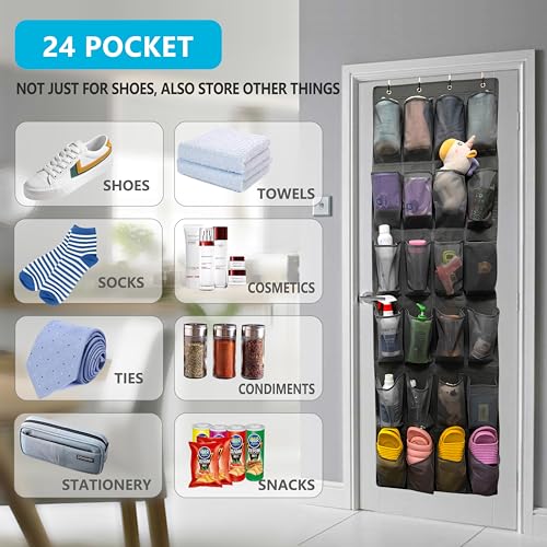Over The Door Shoe Organizer with 24 Breathable Mesh Pockets - Black