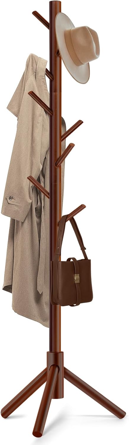 Skiennix Solid Wooden Coat Rack - Freestanding New Zealand Pine Coat Tree with 8 Hooks | Adjustable Sizes for Entryway, Office, or Bedroom (Brown)