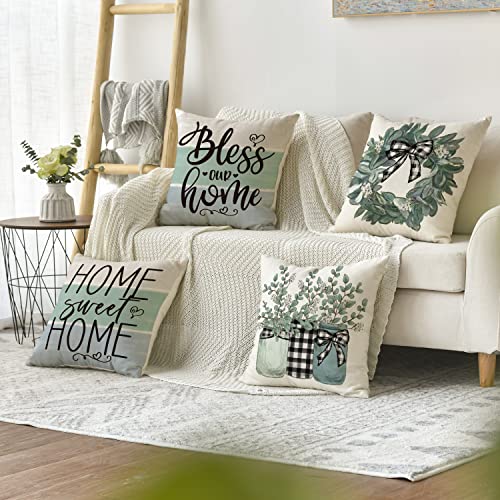 AVOIN colorlife 18x18 Inch Throw Pillow Covers - Blue Farmhouse Set of 4