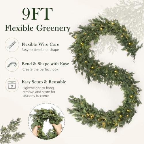 Pre-Lit Christmas Cedar Garland 9FT with Lights - Green, 4 Pieces