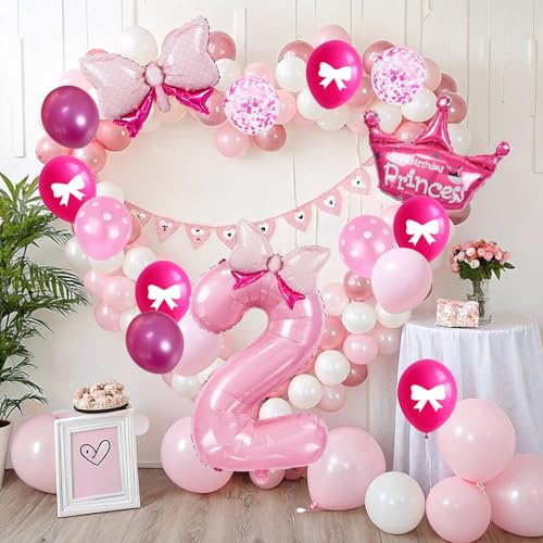 32-Inch Number 2 Balloon Set with Crown & Bows - Pink Princess Party Decor