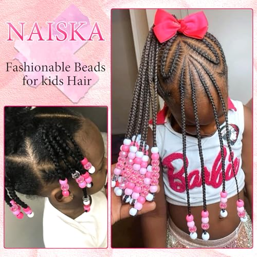 NAISKA 60Pcs Pink and White Hair Beads for Kids Girls Braid Accessories