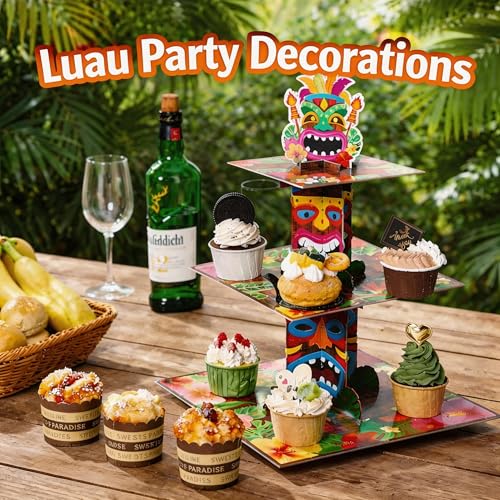 Hawaiian Cupcake Stand - 3 Tier Tiki Cake Holder for Luau Parties