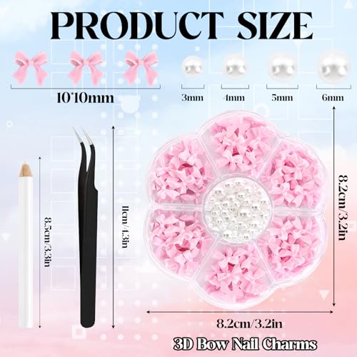 NACHLYNN 630 Pcs 3D Bow Nail Charms and Pearl Beads Kit with Tools
