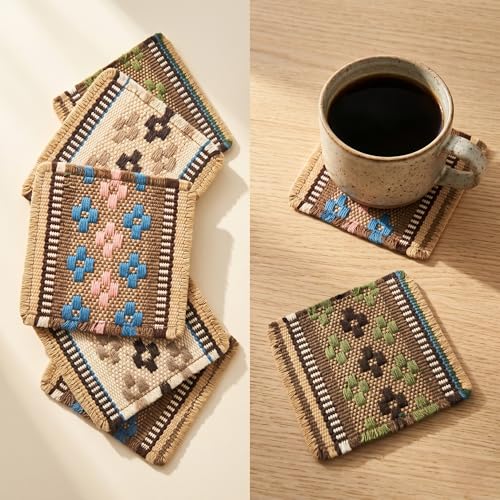 Boho Woven Coasters Set of 6 | Handmade Cotton Drink Coasters