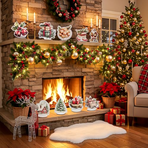 Wooden Christmas Table Centerpiece Set - 9 Holiday Decorations