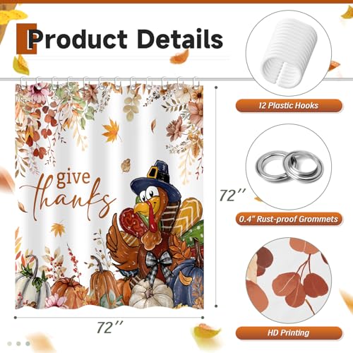 Thanksgiving Turkey Shower Curtain, Waterproof Autumn Fall Bathroom Decor