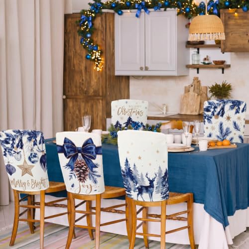 Blue Christmas Chair Cover Set for Dining Room and Kitchen - 6 Pieces