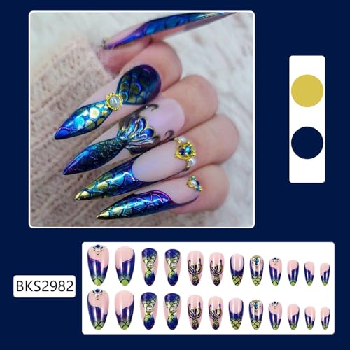 FIEONCIY Glossy Almond Press on Nails French False Fingernails with Charms