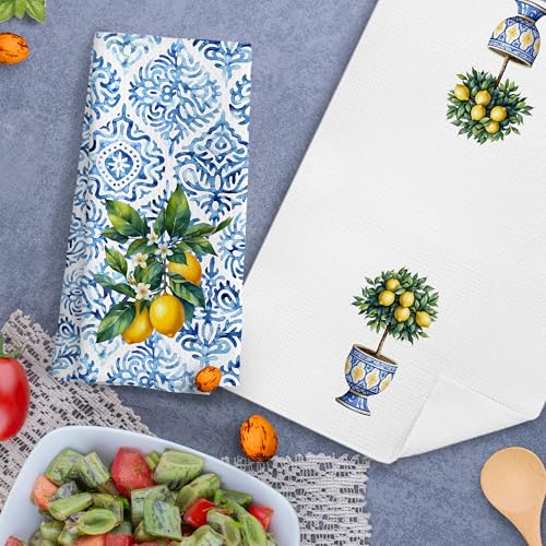 Chinoiserie Lemon Hand Towels - Set of 2, 16x24 Inch Decorative Kitchen & Bathroom Towels