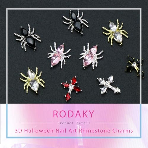 RODAKY 12Pcs Cross & Spider Nail Art Charms with Colorful Rhinestones