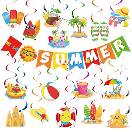 Summer Party Decorations Set - Summer.rich Tropical Banner & Hanging Swirls