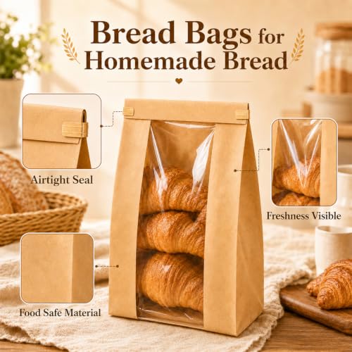 24 Pack Sourdough Bread Storage Bags - Food-Grade Kraft Paper with Window