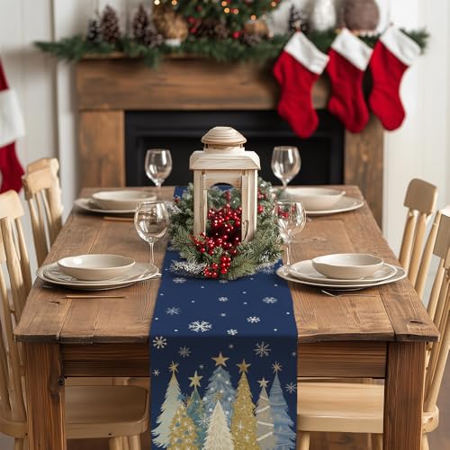 Christmas Table Runner 13x36 Inch Blue Xmas Trees Snowflakes Holiday Decor