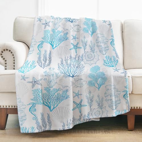 Levens Nautical Coral Starfish Throw Blanket, Soft Flannel 50"x60"