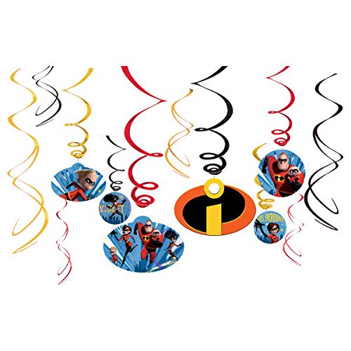 The Incredibles Birthday Party Supplies Bundle Pack Includes 16 Paper Plates, 16 Napkins, 12 Piece Hanging Swirl Decorations, 16 Loot Bags, 8 Sticker Sheets