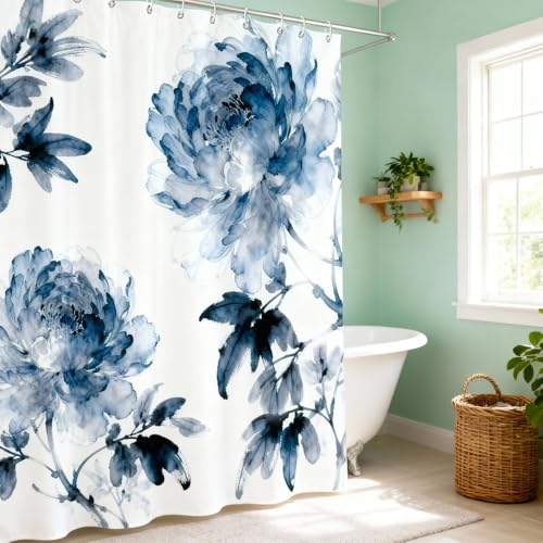 KLYOHAUS Watercolor Floral Shower Curtain, Blue-Gray Bohemian 72x72 Inch