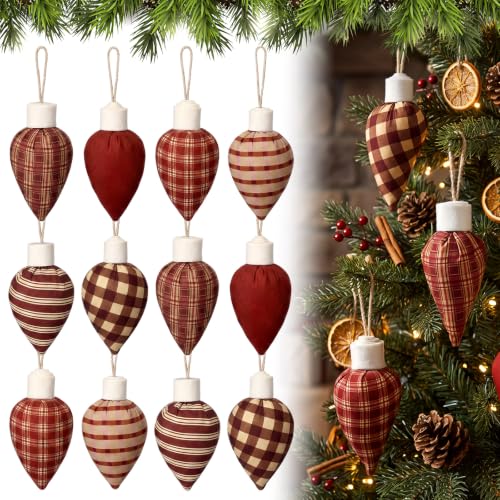 12 Rustic Christmas Light Bulb Ornaments - Plaid Cotton Tree Decor