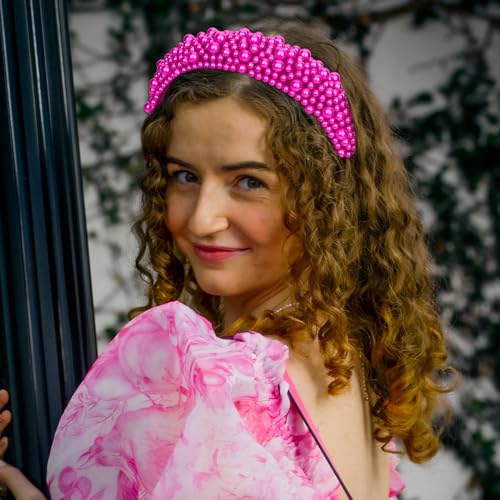 Wecoe Hot Pink Puffy Pearl Headband - Thick Beaded Hair Accessory