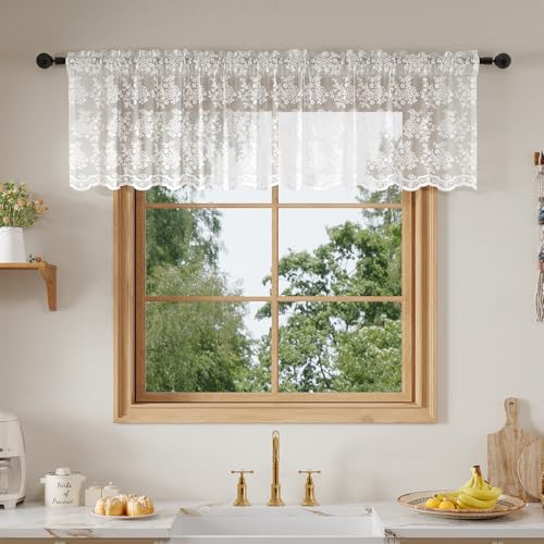 Rinwoc White Lace Semi-Sheer Valance Curtain 52" x 18" – Elegant Floral Tiers