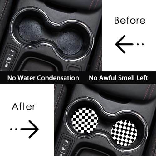 2 Pack Black and White Lattice Car Cup Holder Coasters - Non-Slip Neoprene Mats