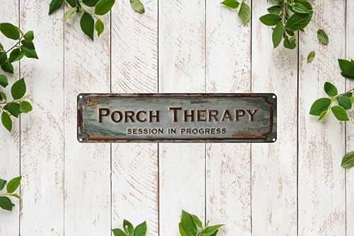 Porch Therapy Metal Sign, 4x16in Rustic Boho Wall Decor for Cabin or Yard