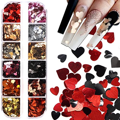 Holographic Heart Nail Art Glitter Sequins 12 Grids Valentine Decals