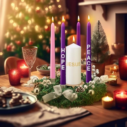 Christmas Advent Wreath Candle Holder Set with Pillar and Taper Candles - Silver, 5 Pieces - Holiday Decor