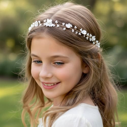 Dopenspi Pearl Flower Girl Headband Crystal Hair Accessory for Wedding