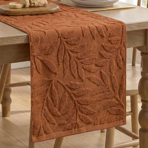 Caramel Soft 3D Jacquard Leaves Cotton Table Runner 13x72 Inch - Spring Holiday Home Decor