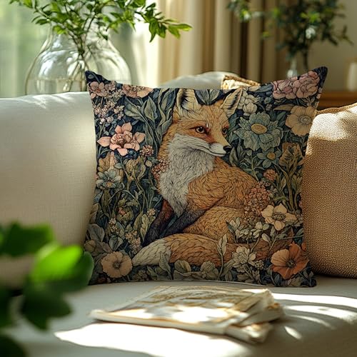 William Morris Inspired Fox Floral Flannel Pillow Cover 18x18 - C-fox 02