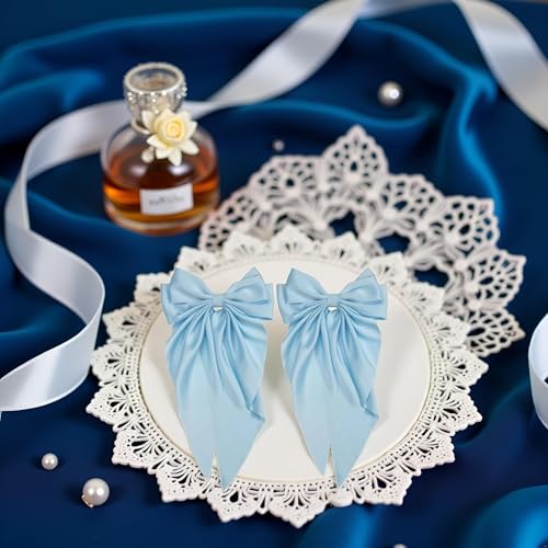 Light Blue Jumbo Satin Hair Bow Clip 2-Piece Long Tail Bowknot Barrette