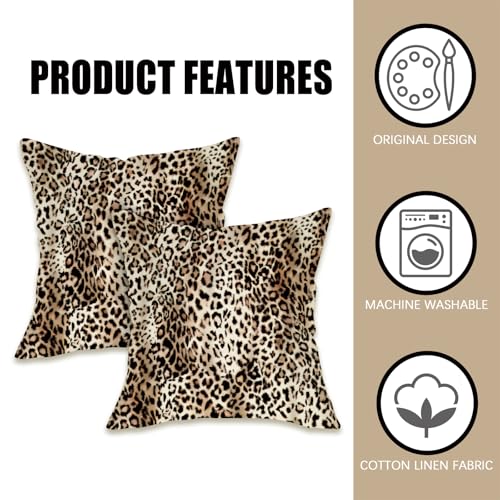 Leopard Print Throw Pillow Covers 18x18 - Set of 2 Cotton Linen