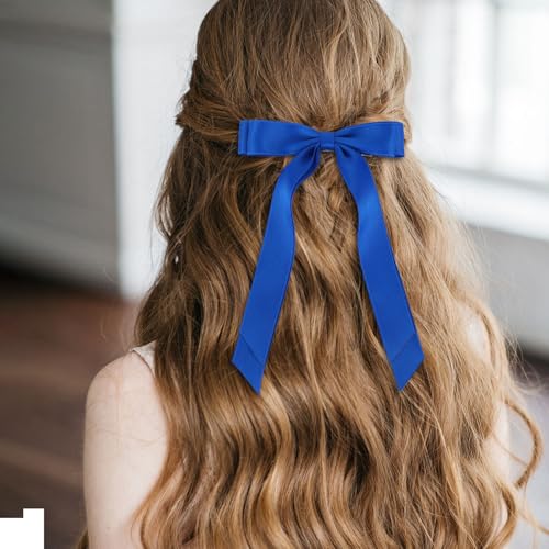 Penitue Blue Satin Hair Bow Clips with Long Tail, 4 Pack