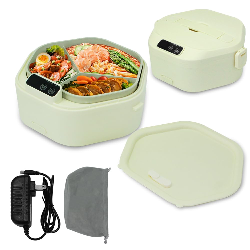 SL Nevnmoe Cordless Electric lunch box, Battery Powered Heated Lunch Box，Food Heate 1L Adjustable heating time Comes three compartments Used for trucks, camping, offices