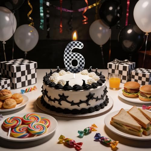 Checkered Number 6 Birthday Candle - White Cake Decoration