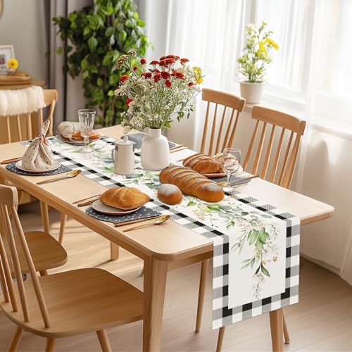 Bonhause Eucalyptus Leaves Table Runner 13x72 Inch - Black White Plaid