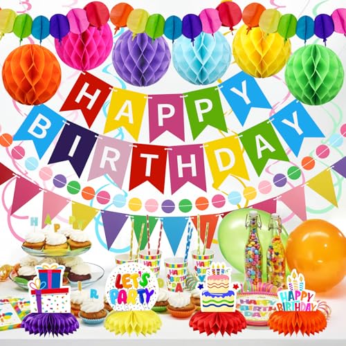 Recosis All-in-One Birthday Decoration Kit with Banner and Honeycomb Balls
