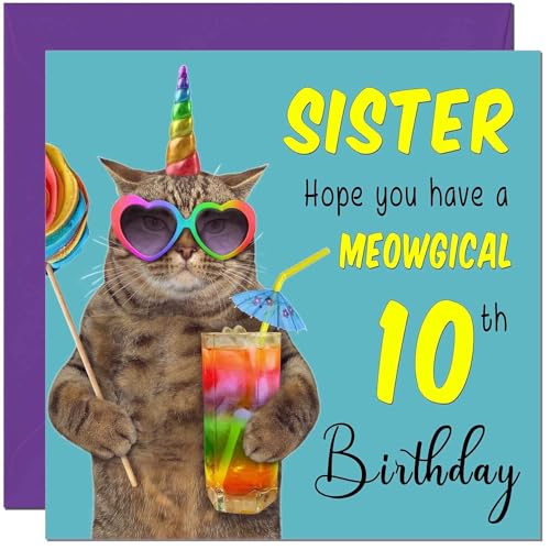 10th Birthday Card for Sister - Funny Cat Meowgical Greeting Card
