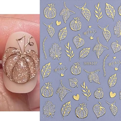 Autumn Nail Art Stickers - 6 Sheets 3D Gold Leaf Pumpkin & Maple Decals