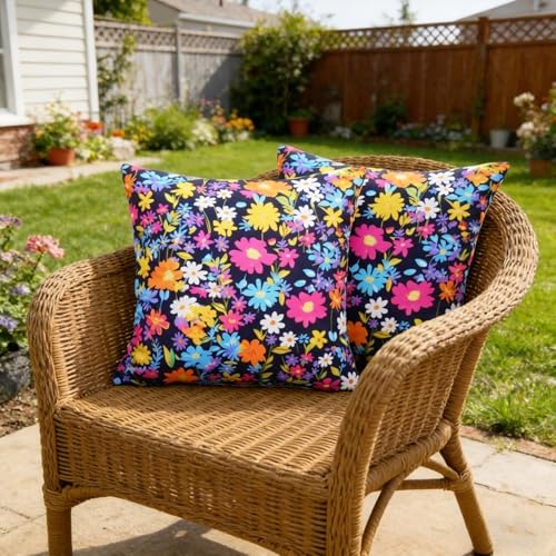 ONWAY Black Outdoor Floral Pillow Covers 18x18 Inch Waterproof Set of 2