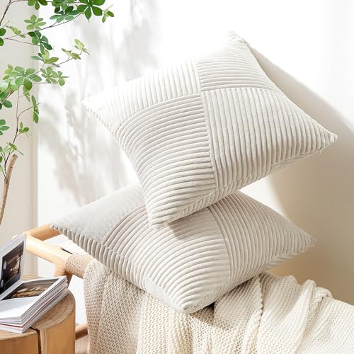 Topfinel Cream Corduroy Throw Pillow Covers Set of 2, 18x18 Inch