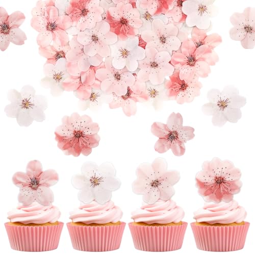 Atiloy Edible Cherry Blossoms Cupcake Toppers 50PCS Spring Cake Decorations
