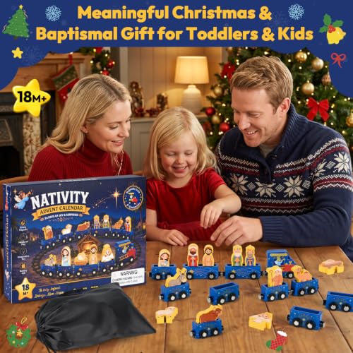 Nativity Train Advent Calendar for Kids and Toddlers, Wooden Holiday Countdown